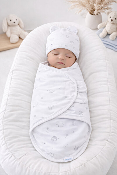 moukou 0-3 Ay Bebek %100 Pamuk Kundak ve Şapka Cırt Cırtlı Yumuşak Penye Nefe...
