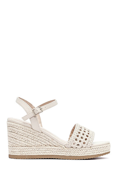 Derimod Women's Cream Ankle Buckle Braided Wedge Heeled Shoes Espadrille Sand...