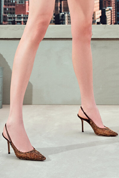 Derimod Women's Bronze Stone Open Back Thin Heeled Leather Shoes 25Sfd1210Ts