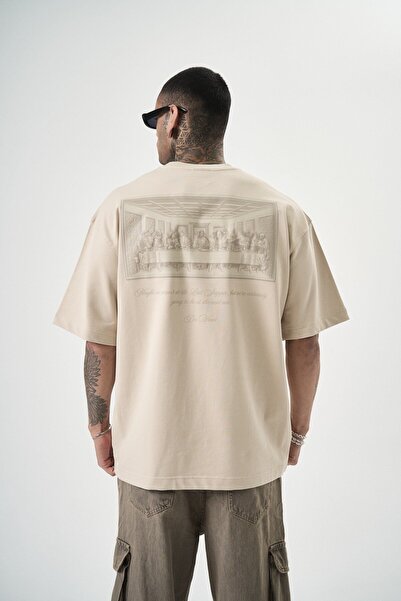Respire Tricou oversize pentru bărbați cu imprimeu Da Vinci, bej