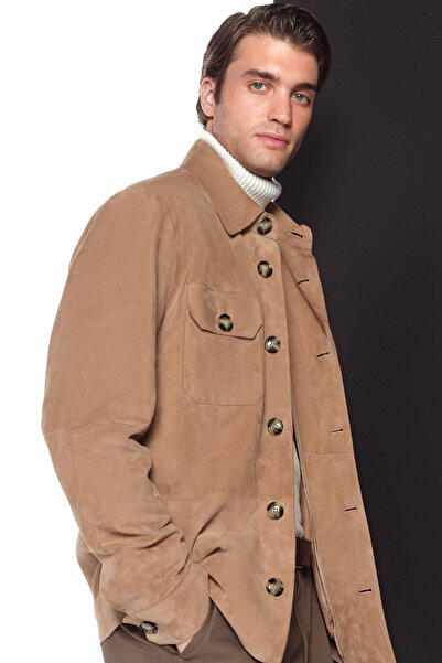 Derimod Osimhen Men's Beige Shirt Collar Suede Leather Coat 25Wgd657710