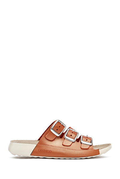 Derimod Women's Orange Buckle Metallic Leather Comfort Slippers 25Sfd500132