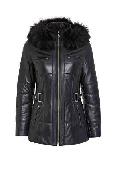 Derimod Alexandra Kadın Siyah Kapüşonlu Kürklü Deri Kaban 24WGE52851M