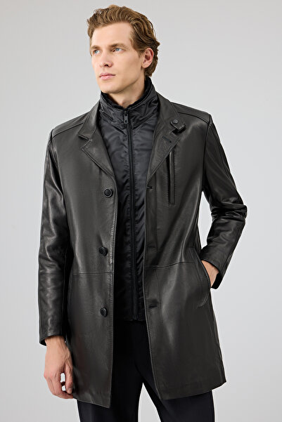 Derimod Barella Men's Black Collar Shearling Leather Trench Coat 24Wgd6550U4