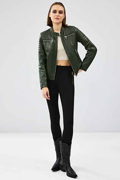 Derimod Zoom Kadın Haki Kapüşonlu Kısa Deri Ceket 24WGD5018VE