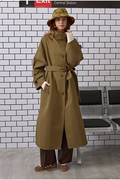 HEQA Funnel Neck Long Trench Coat Olive