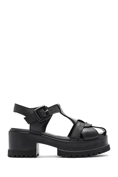 Derimod Дамски черни сандали с дебела подметка и каишка за глезена от естеств...