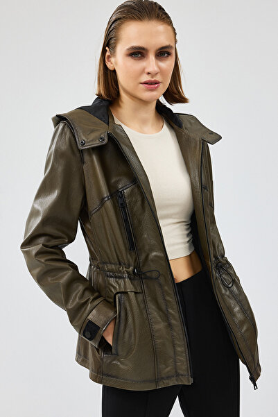 Derimod Jessica Kadın Haki Kapüşonlu Deri Ceket 24WGD5239JB