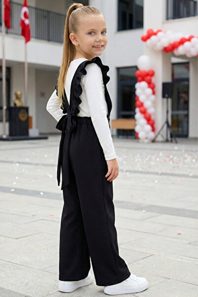 Parla Kids Girl's Berlin Black Cotton Ruffle Lacing Detail Jumpsuit