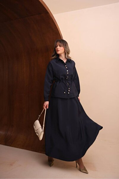 Safgiyim44 Gold Button Belted Double Suit Navy Blue