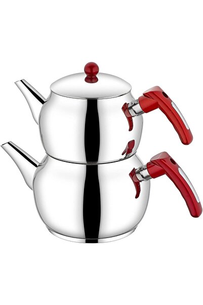 İthal Çesit Kahramanlar Tuğra Mega Boy Çelik Çaydanlık Takımı-Kırmızı