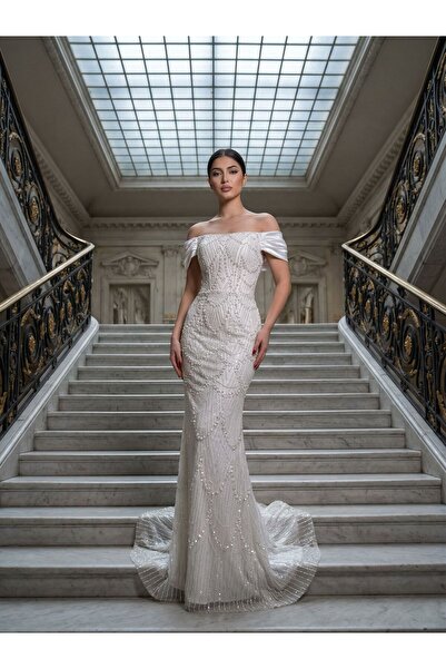 OLA Divor Boncuk Ve Payet İşlemeli Düşük Kollu Bordo Abiye Elbise