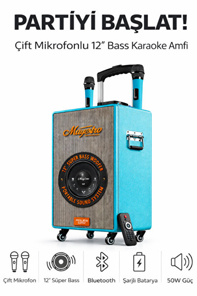 Maybax Şarjlı Çift Mikrofonlu Ses Sistemi Karaoke Sistemi Taşınabilir Amfi Bl...