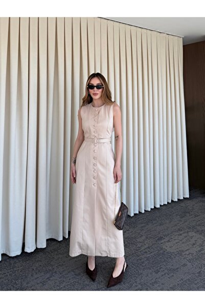 Laluvia Μπεζ φόρεμα γαμπαρντίνα με κουμπιά και ζώνη - 5002