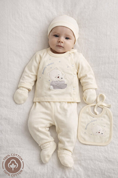 Miniel Unisex Bebek Yavrulu Ayı Nakışlı 5li Organik Yenidoğan Bebek Hastane Ç...