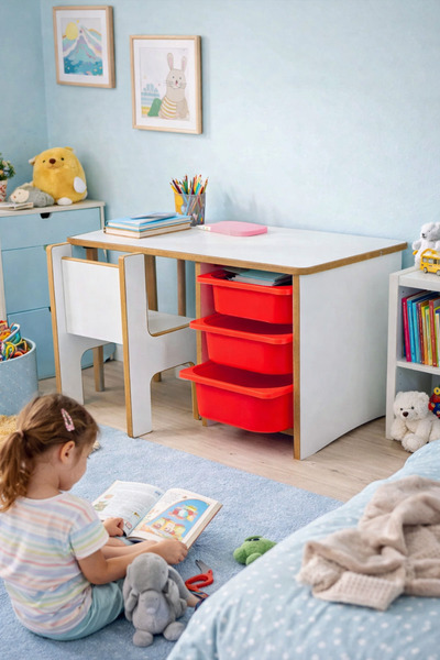 Industrial Living 3 Çekmeceli Çocuk Etkinlik Masası - Beyaz MDF - Kırmızı Çek...