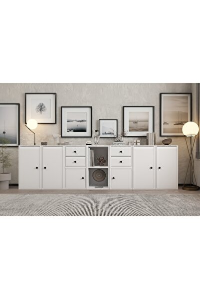 Nettrends Altı Kapaklı Dört Çekmeceli Raflı Beyaz Konsol Çıtasız Kns-1222-ç