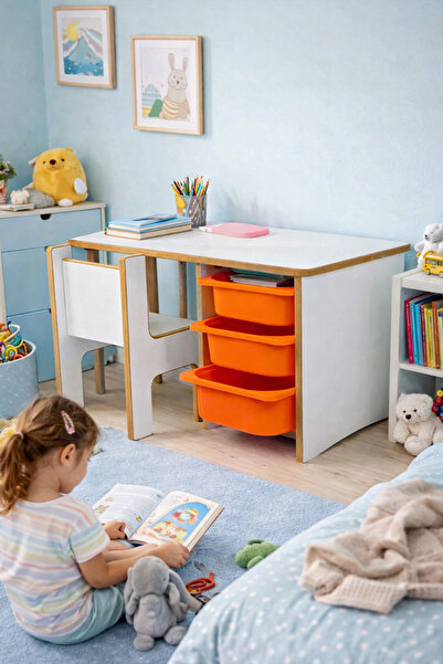 Industrial Living 3 Çekmeceli Çocuk Etkinlik Masası - Beyaz MDF - Turuncu Çek...