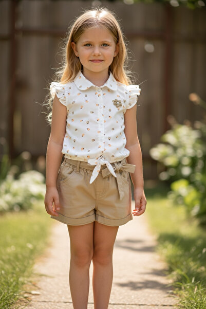 Lyora Ruffle Sleeve Tie-Up Blouse & Shorts 2-Piece Girls' Set