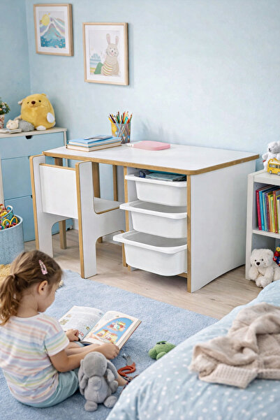 Industrial Living 3 Çekmeceli Çocuk Etkinlik Masası - Beyaz MDF - Beyaz Çekme...