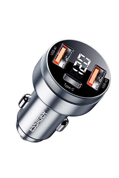 essager Încărcător auto 80W, 3 porturi, încărcare rapidă PD/QC, afișaj LED, p...