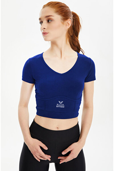 bilcee Дамска къса блуза с къс ръкав в цвят тъмно саксо - къса спортна тениск...