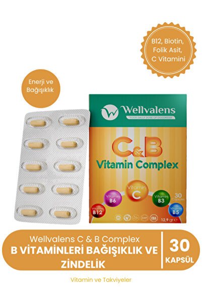 Wellvalens C & B Kompleks (B12, Biotin, Folik Asit, C Vitamini) Enerji ve Bağ...