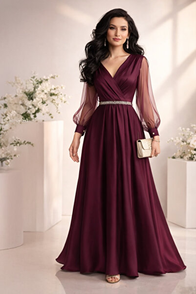 Stylish فستان من ستايلش راقي باللون العنابي بأكمام من التل وحزام أنيق مزين با...