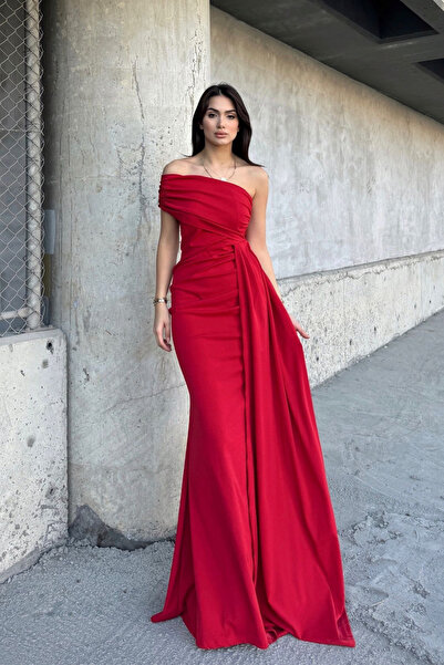 Sindimoda فستان سهرة أزرق بكتف واحد من Ewoo - قطار