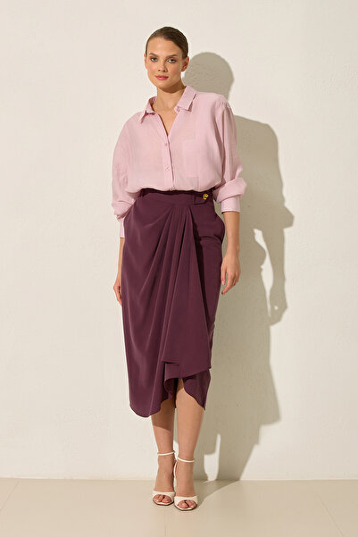 Setre Burgundy Midi Skirt with Button and Pleated Detail at the Waist