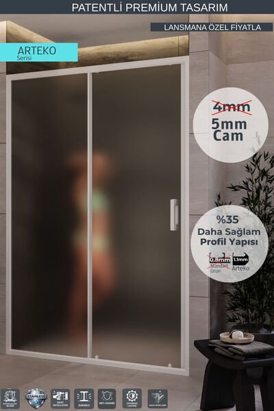 MONAQUA Arteko Duşakabin Ön Cephe, 1 Sabit 1 Kayar - Beyaz Profil - Satine Bu...