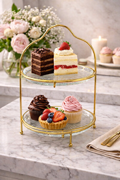 YzHome 2 Katlı Gold Yaldızlı Kurabiyelik Sunum CAM Pasta Tabağı Yuvarlak 16cm