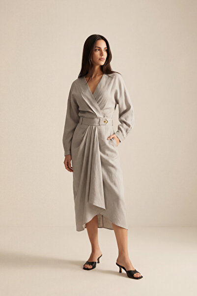 Setre Fusta midi crem cu nasturi la talie și detalii plisate