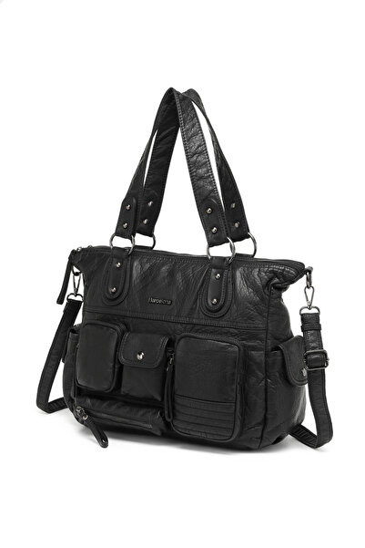 Solo Bag Geantă de umăr din piele moale, neagră, cu mai multe compartimente, ...