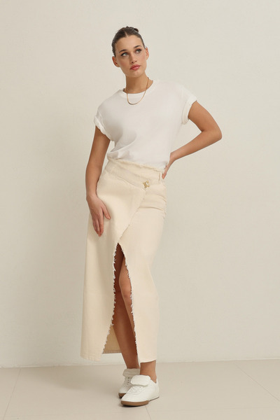 Setre Beige button detailed asymmetric 100% cotton skirt