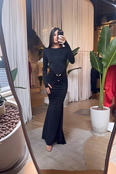 Afitapbutikmoda Önden Baglama Aksesuar Detay Sırt Dekolteli Büzgülü Uzun Elbise