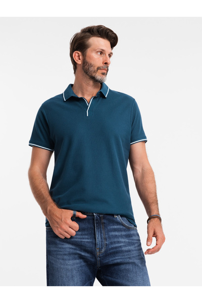OMBRE Poloshirt aus Piqué-Strick ohne Knöpfe für Männer - Dunkelblau OM-POSS-...