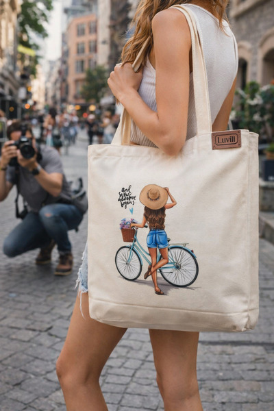 Luvili Bag, Canvas Tote Bag with Print, Gusseted, Internal Pocket |   Girl on a Bicycle Standing on One Leg
