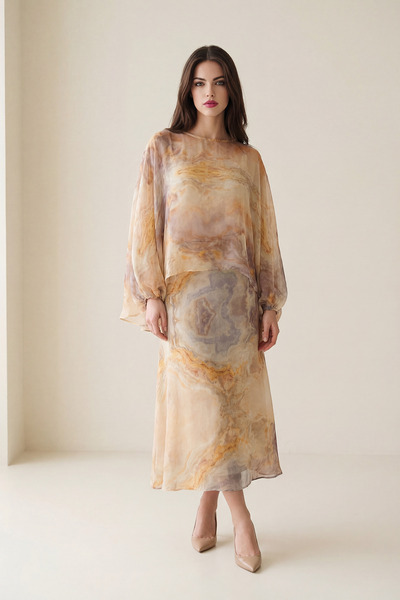 Setre Beige-Lilac Patterned Full-Fit Skirt