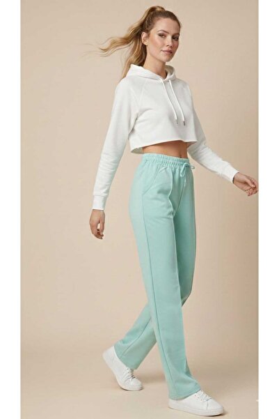 Women's Mint Green High Waist Pocket Detailed Grass Adjustable Waist 2 Thread Sweatpants
