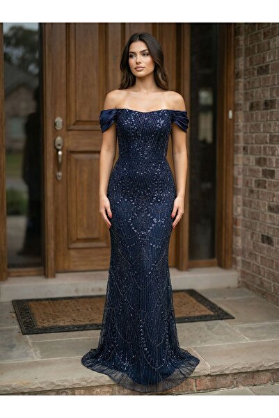 OLA Divor Boncuk Ve Payet İşlemeli Düşük Kollu Abiye Elbise