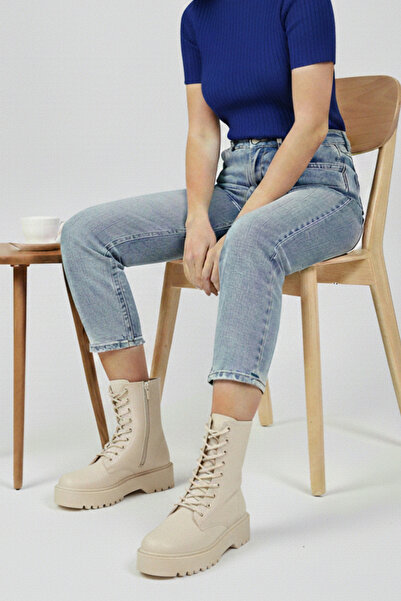 Büşra Çetin Kadın Bej Bağcıklı Fermuarlı Yeni Sezon Bot