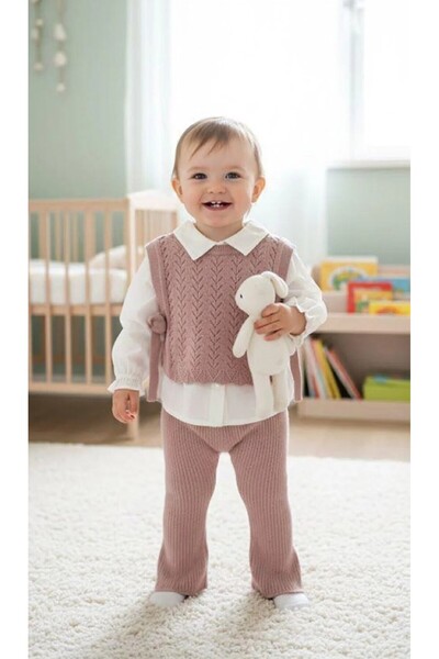 genybaby Şık Kız Bebek Triko Takım – Beyaz Gömlek, Örgü Süveter ve Pantolon