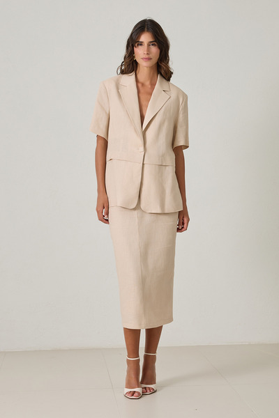 Setre Beige 100% Linen Wide Fit Short Sleeve Jacket with Button and Waist Detail