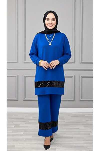 ALYA FİRUZE TAKIM Saks Mavisi Kadın Payet Detaylı Kristal Kumaş 2'li Takım