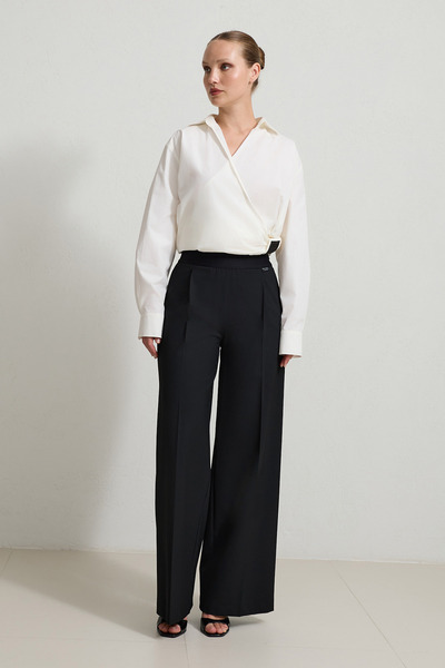 Setre Siyah Belden Lastik Detaylı Yandan Fermuarlı Rahat Kesim Geniş Paça Pan...