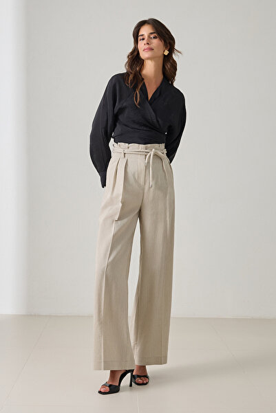 Setre Кремаво-черни панталони с вратовръзка и свободна кройка