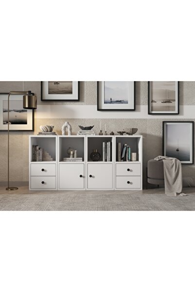 Nettrends 2 Kapakli Çekmeceli Rafli Kitaplik 130 cm Beyaz Ktp-1086-ç