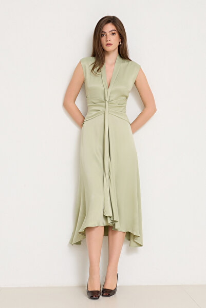 Setre Nil Yeşili V Yaka Belden Detaylı Midi Boy Kolsuz Elbise