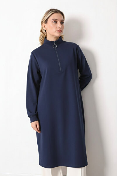 puyeni İki İplik Dik Yaka Fermuarlı Uzun Tunik